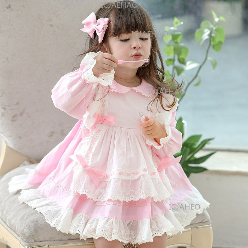 Summer Clothing In Spanish - 2026 ロリータファッションスペイン風子供服女の子のための夏と秋ラウンドネックメイドベビー誕生日プリンセスドレス