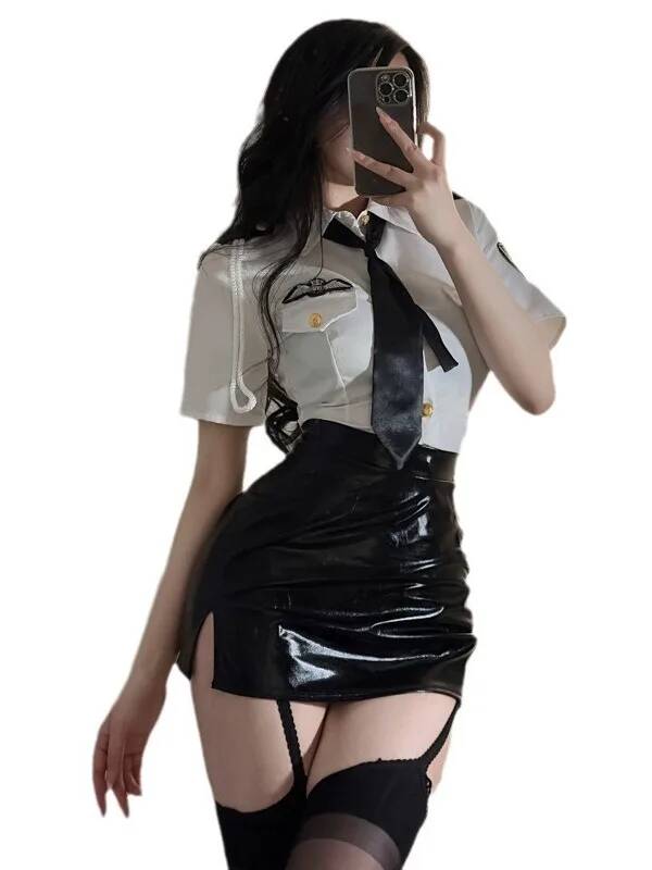 Summer Clothing Model - セクシーなサラリーマン服セット,襟を折りたたんだ服,半袖,伸縮性のあるウエスト,黒い革のラップ,お尻,夏,新品,2階建て
