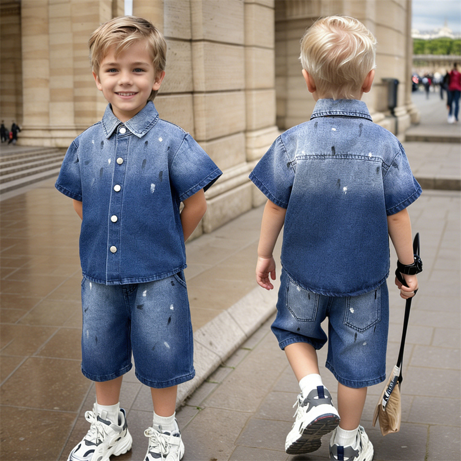 Summer Clothing Drawing For Kids - おしゃれな子供用サマーデニムスーツ、男の子用、2歳～11歳、キッズカジュアルシャツとショートパンツのツーピース服セット、トラックスーツ