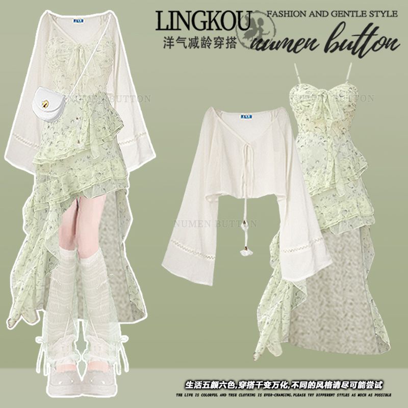 Summer Clothing Accessories - 夏服セット レディース 日焼け防止服 グリーン花柄スリングドレス ツーピースセット