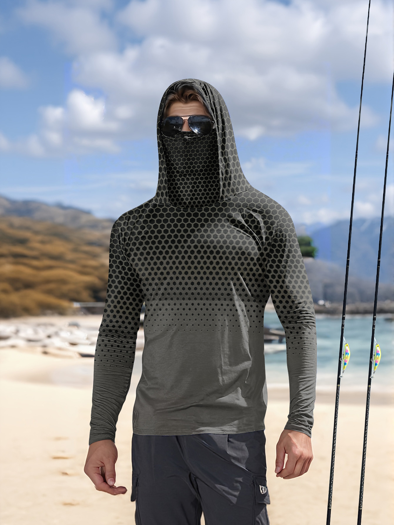 Summer Clothing Trends - メンズサマーUPF50+フィッシングフーディー、フェイスマスク付き、グレーハニカムプリント、速乾性、通気性、長袖フィッシングシャツ
