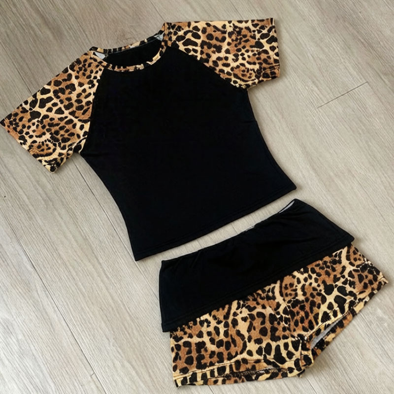 Summer Clothing Model - 夏新アメリカンレトロヒョウ柄パッチワーク半袖ショーツセット Y2K パンクストリートファッショントレンドカジュアル婦人服