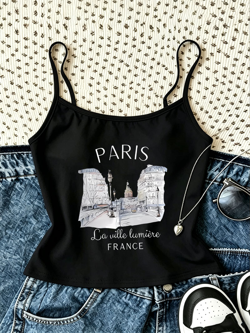 Summer Clothing In Paris - レトロファッション ゴシックスタイル ヴィンテージ パリプリント カジュアル クロップトップ
