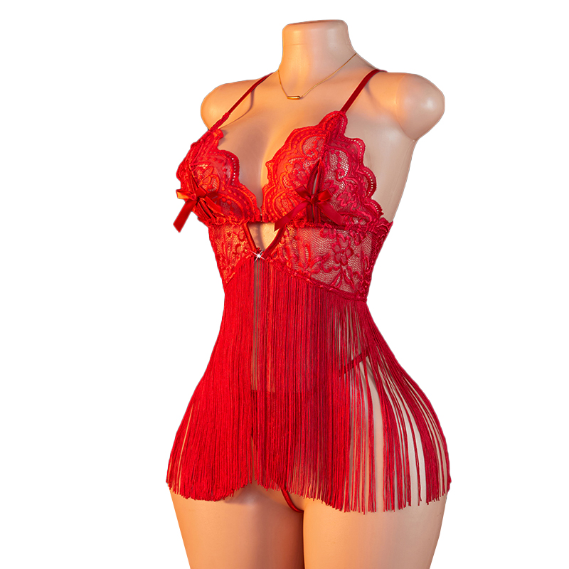 Summer Clothing Sets Women - 透明レースの女性用赤いストラップタッセルスカートナイトガウン、Tバックセット下着、深いV字のボウブラ、セクシーランジェリー