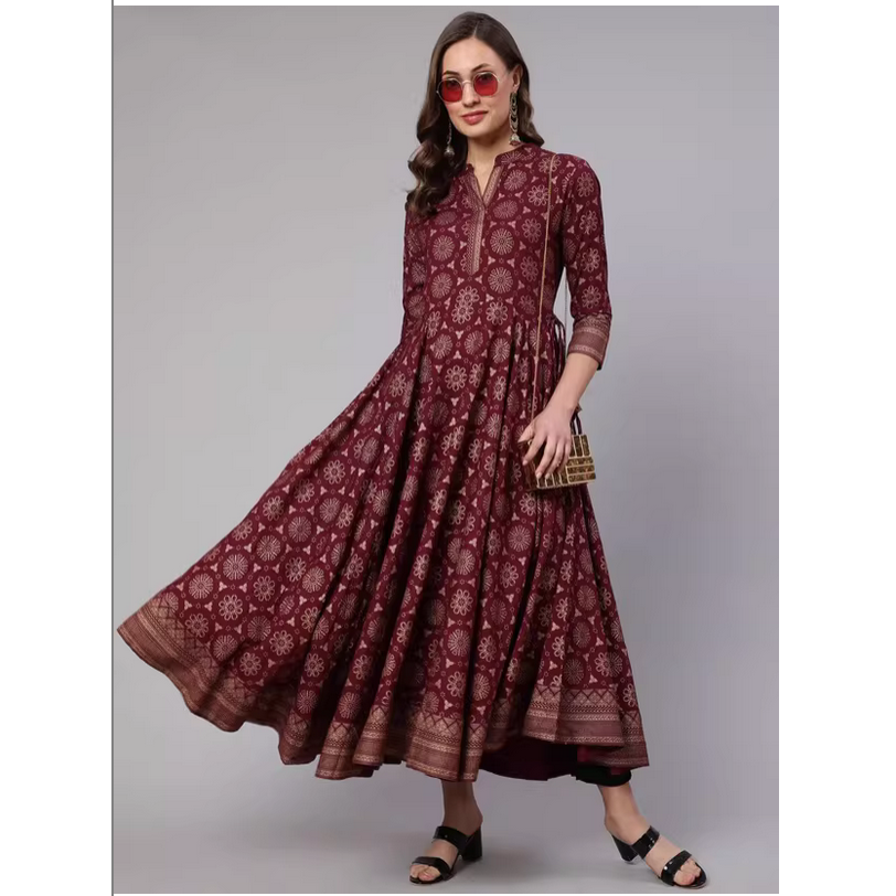 Summer Clothing India - 春夏コレクション インド民族風 シルクプリント スタンドカラー ボルドーレッド ロングドレス