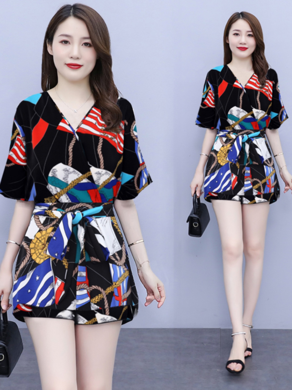 Summer Clothing Accessories - プラスサイズの女性のファッショナブルな夏服半袖シフォンドレス痩身トップとショートパンツセットふくよかなMMのためのポリエステル生地