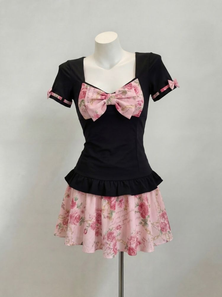 Summer Clothing Accessories - レディース甘い花柄プリントツーピースセット フェアリーボウスリムフリルクロップトップ+ハイウエストミニスカート Y2K原宿ファッションスカートセット