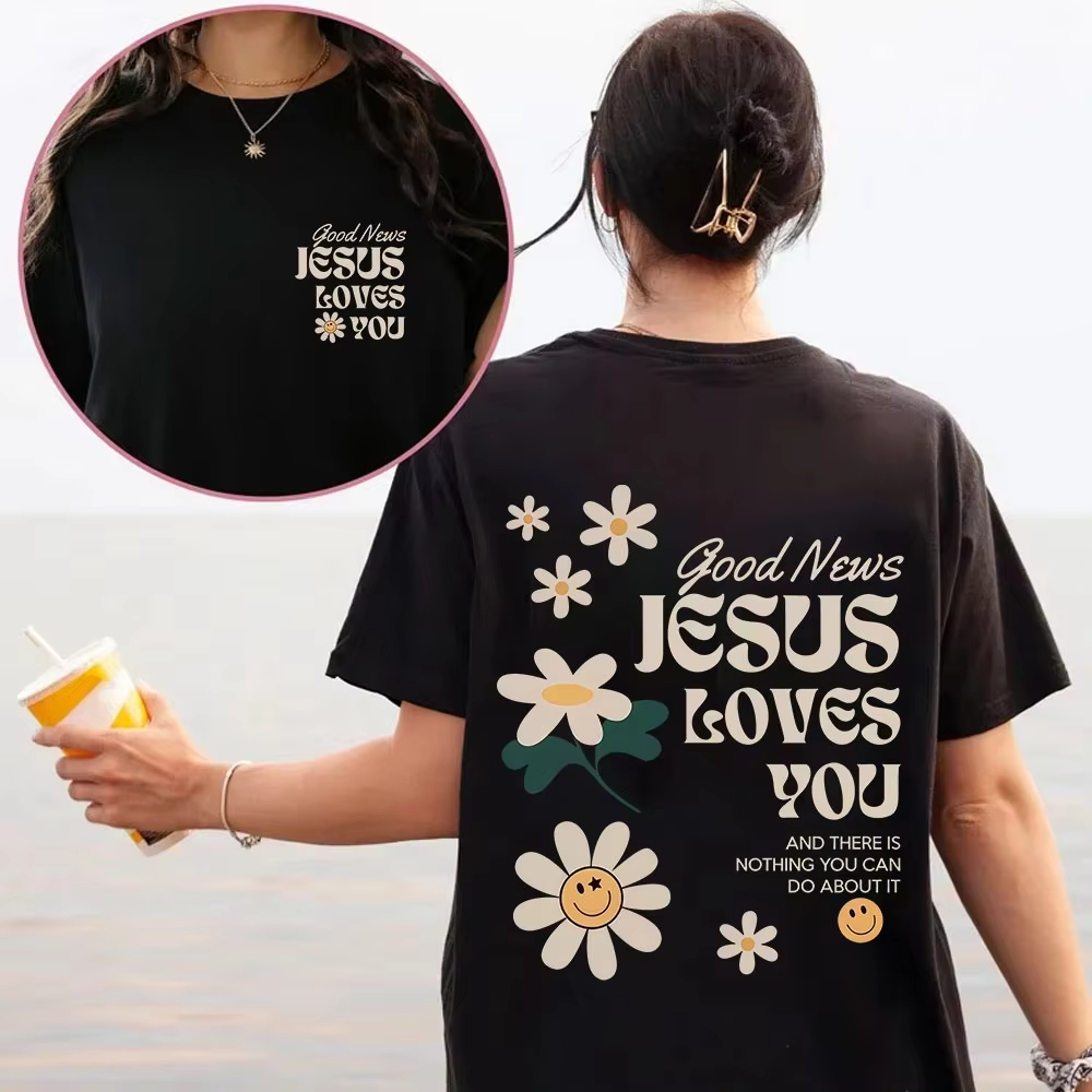 Summer Loving Clothing - 良い知らせ：イエス様はあなたを愛しています。キリスト教聖書の一節をプリントしたTシャツ。メンズ、レディース、ファッション、原宿スタイル、半袖、ストリートウェア。