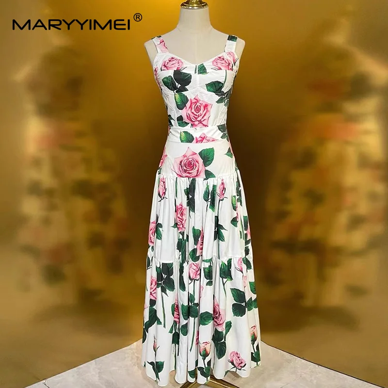 Summer Clothing Accessories - MARYYIMEI 花柄プリーツスプライシングファッションスーツ女性用恋人ネックスパゲッティストラップトップス + A ラインビッグスイング 2