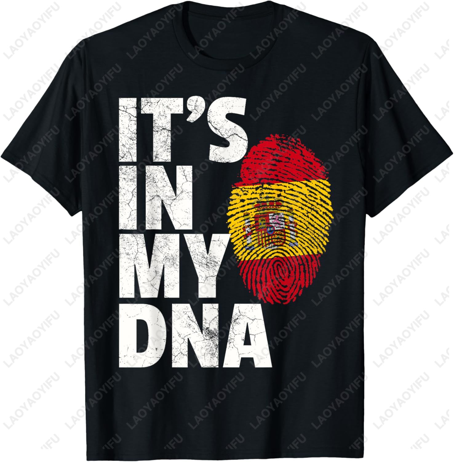 Summer Clothing In Spanish - 「IT'S IN MY DNA」スペイン国旗のグラフィックプリントTシャツ。カジュアルでゆったりとしたデザイン。原宿風。夏にぴったりの綿素材。メンズ、レディース。