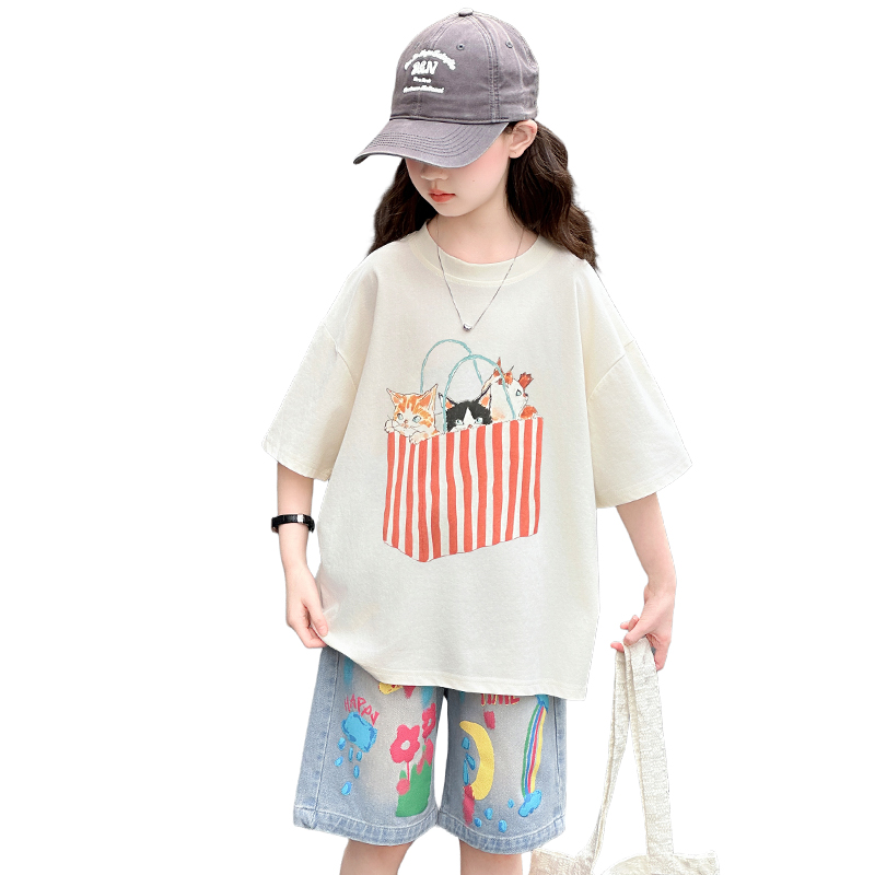 Summer Clothing Drawing For Kids - 10代の女の子向け、夏用トップスとボトムスのセット、ドローイングプリント入り、キッズ・子供用コットン服セット、年齢5歳、6歳、7歳、8歳、9歳、10歳、11歳、12歳、13歳、14歳対象