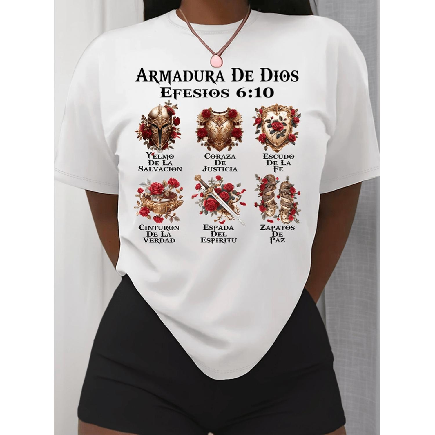 Summer Clothing In Spanish - レディース カジュアル 半袖 Tシャツ ホワイト 宗教的なスペイン語聖句モチーフプリント