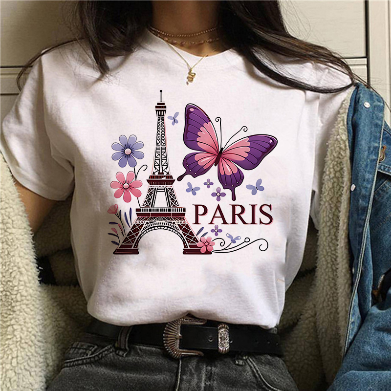 90年代カラーフラワーバタフライパリデザインプリントTシャツ - Summer Clothing In Paris のレビューと価格