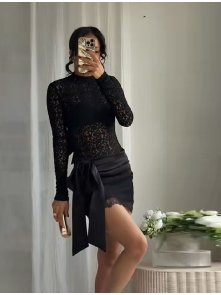 ファッションブラックレースセットサテンボウミニスカートセクシ - Summer Loving Clothing のレビューと価格