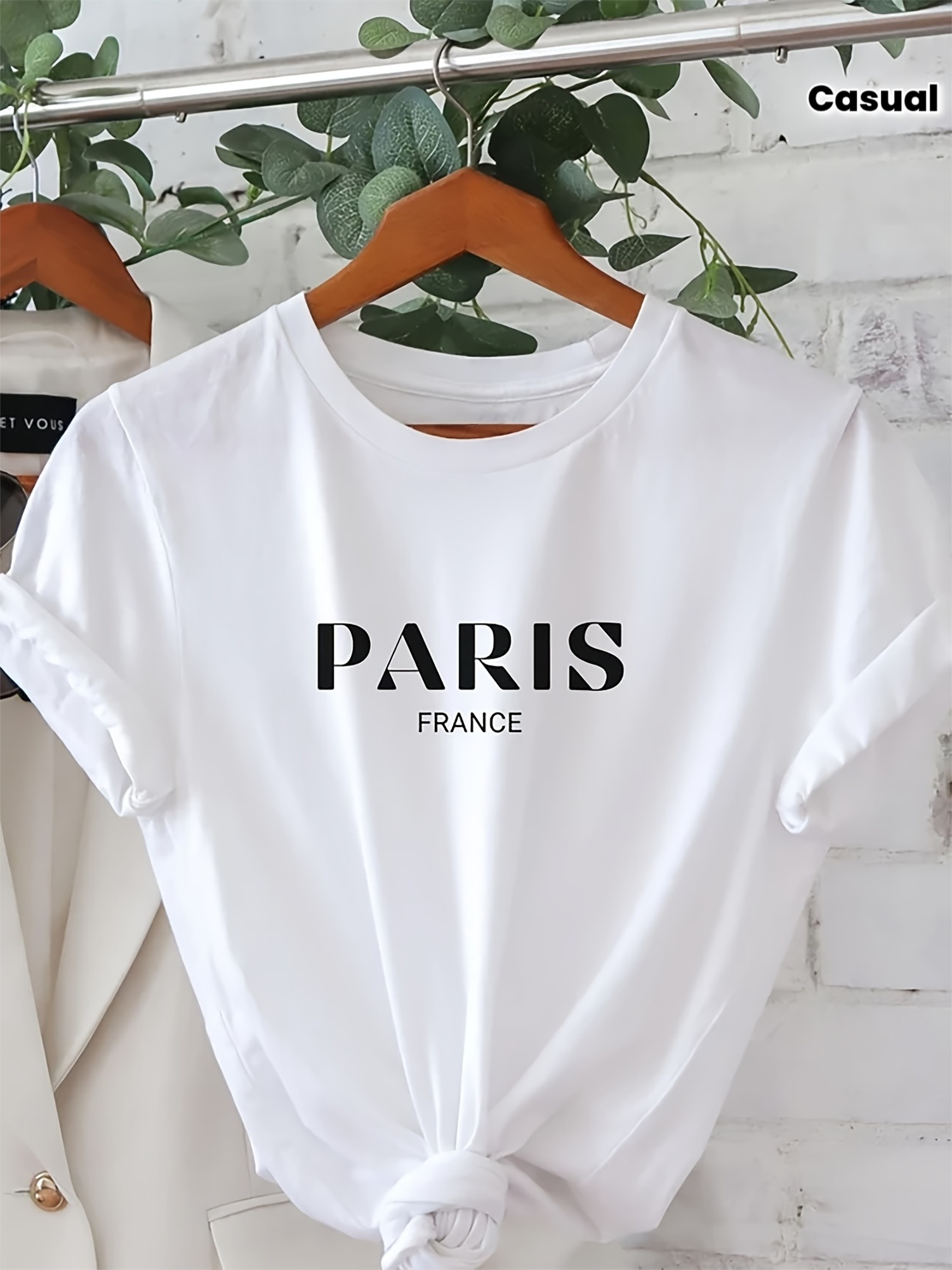 女性用カジュアル半袖クルーネックTシャツ、パリのプリント文字 - Summer Clothing In Paris のレビューと価格