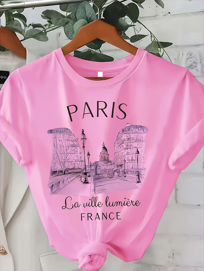 2026年新作、女性用パリ柄クルーネックTシャツ。エッフェル - Summer Clothing In Paris のレビューと価格