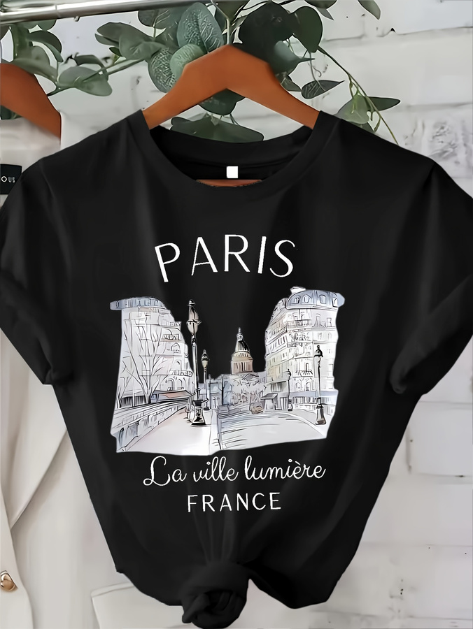 2026年新作、女性用パリ柄クルーネックTシャツ。エッフェル - Summer Clothing In Paris のレビューと価格