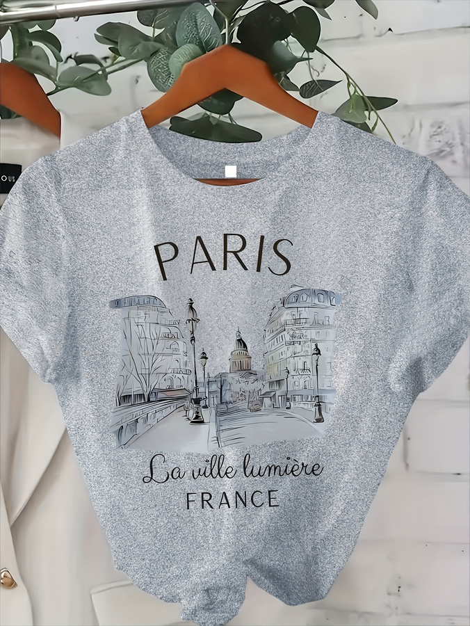 2026年新作、女性用パリ柄クルーネックTシャツ。エッフェル - Summer Clothing In Paris のレビューと価格