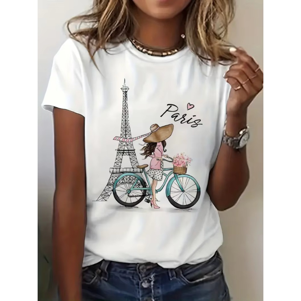 Y2k パリガール バイクプリント 半袖プリントコットンTシ - Summer Clothing In Paris のレビューと価格