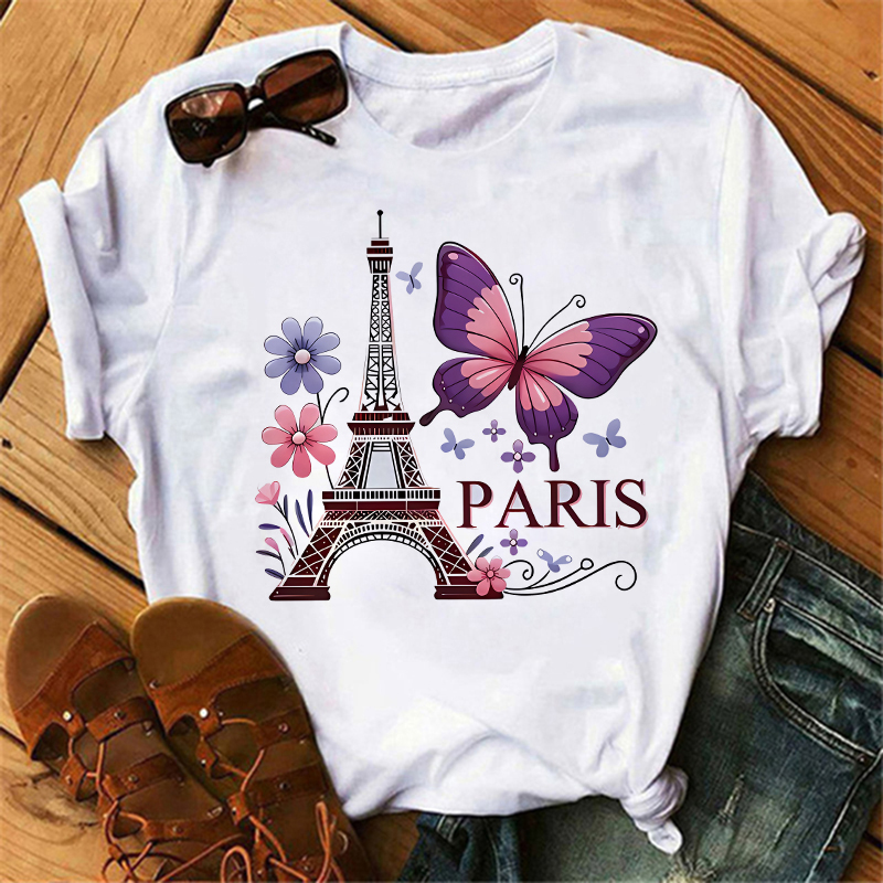 90 年代カラーフラワーバタフライパリデザインプリント Tシ - Summer Clothing In Paris のレビューと価格