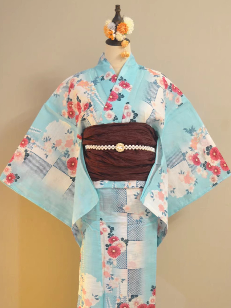 伝統的な浴衣着物綿麻素材ガールズドレス格子柄藤の花夏のファッ - Summer Clothing For Girls のレビューと価格