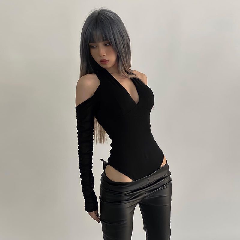 女性のセクシーな中空ボディスーツ長袖オフショルダートップス無 - Summer Clothing Model のレビューと価格
